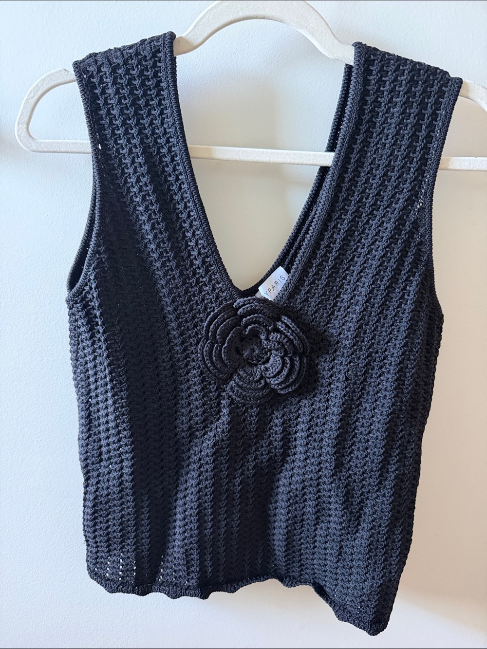 Lucy Paris Black Crochet V-Neck Tank with Floral Motif